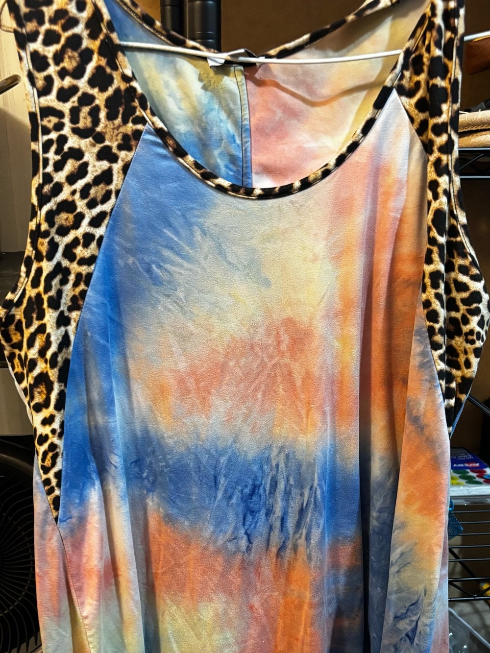 white birch Tie-Dye Tank with Leopard Trim - Blue, Orange, Yellow